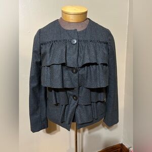 J. Crew Sz 2 100% Wool Black Ruffled Tiered Peasant Cottage Blazer Runs Big